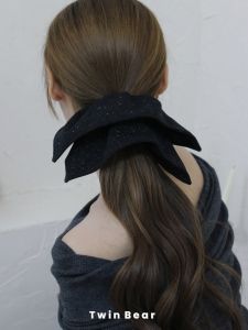 Shiny Black Square Scarf Hair Ties High Elasticity Four Corners Lightweight Luxury New Style Hair Bands for Women Adults