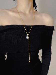 Elegant Long Sweater Chain Simplistic Accessory Imitation Pearl Japanese and South Korean Style for Women Titanium Steel Material