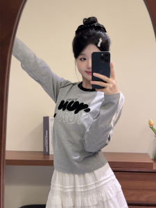 Fleece Letter Print Short Sleeve Long Sleeve Womens T-shirt Slim Fit round Neck Base Shirt Thin Style Autumn Winter Cotton Blend