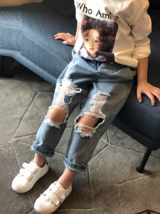 Loose Fit Kids Jeans Spring Autumn New Style Korean Version Hole Design Cotton Blend Fabric Casual Trousers for Boys And Girls