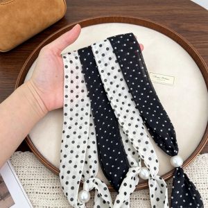 4Pcs Retro Polka Dot Scarf Women Pearl Buckle Neckerchief Soft Cotton Small Square Scarf for Neck Handbag Purse Accessory