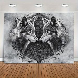 Tấm Thảm Hình Totem Sói Đôi Đen VIKAMA Với Họa Tiết Hình Học Bí Ẩn Trang Trí Phòng Khách & Phòng Ngủ Độc Đáo Chất Liệu Polyester Không Dệt
