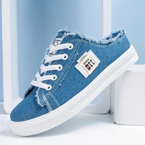 Womens Fashion Flat Sneakers Casual Lace Up Round Toe Non Slip Canvas Shoes Casual Walking Slides Shoes