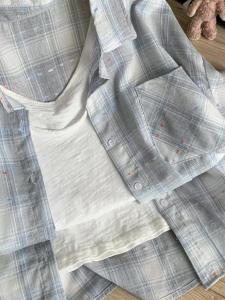 100% Cotton Plaid Shirt Womens Thin Loose Summer Long Sleeve Shirt Sun Protection Outerwear French Style Loose Fit Shirt