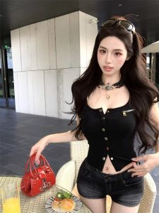 Slim Fit Short Sleeve T-Shirt Womens Summer New Style U-Neck Button Zipper Pocket Design Versatile Slimming Effectiveness