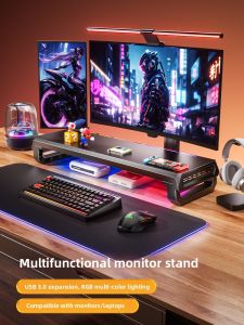 SENXUN | Ergonomic Desktop Stand with USB Hub Wireless Charging RGB Lights Shelf