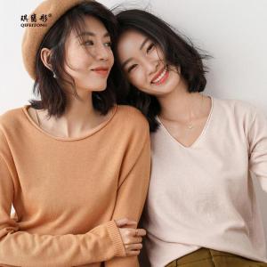 เสื้อสเวตเตอร์ถักแบบสวมหัวทรงหลวมคอวีแขนยาวผ้าขนสัตว์ผสมฤดูใบไม้ผลิ 2025 เสื้อชั้นในสตรี