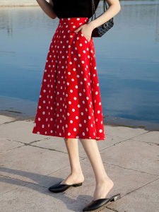 Half Length Slim Fit Chiffon Skirt High Waist Stylish Design Luxury Printed Fabric Midi Dress Red Dot Work Clothing Polyester 100%