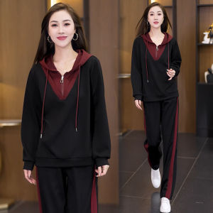 Fashionable Casual Women's Two-Piece Set Large Size Loose Color Block Hoodie Sweatshirt Autumn New Style Anti-Aging Ensemble