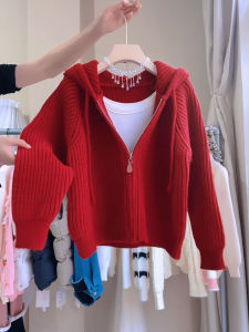Red Knitted Short Coat with Zipper And Hood for Women Autumn Winter Fashionable Cardigan Outerwear Lucky Dragon Year 2024