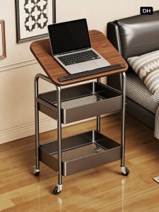 WUBUWEI | Foldable Bedside Table with Wheels Small Computer Desk for Bedroom Living Room Office Dorm Room Adjustable Height Portable Table with Storage Shelves for Laptop Tablet