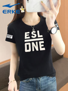 Hongxing Erke Short Sleeve T-Shirt Womens Summer Pure Cotton Breathable and Loose Black Tops Womens Base round Neck Exercise T-shirt T-Shirt