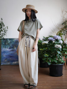 JiJian Original Design Spring Summer Elastic Waist Wide Leg Pants Loose Vintage Cotton 100% Casual Trousers High Waist Long Pants