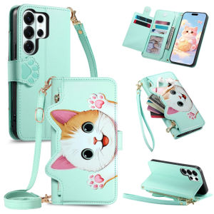 Cute Cat Leather Zipper Crossbody Flip Wallet Card Slots Phone Case For Samsung Galaxy S26 S25 Edge S24 S23 Ultra Plus FE Cover
