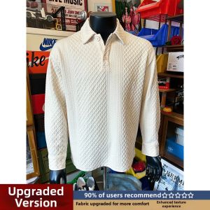 Mens Textured Polo Collar T-Shirt Diamond Pattern Long Sleeve