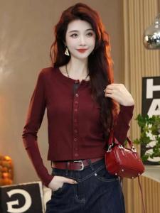 Fashionable Long Sleeve round Neck T-Shirt Womens Autumn Winter New Style Base Shirt Short Length Button Detail Commute Style