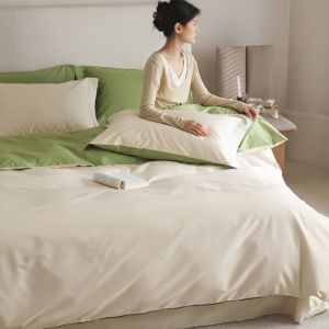 Accessible Luxury Cream Style Minimalist Pure Color 100 Cotton Satin Bed Four-Piece Set Pure Cotton Quilt Cover Bed Sheet Fitted Sheet