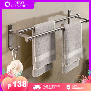 Self Adhesive Rustproof Aluminum Alloy Bathroom Dual Towel Racks No Drilling Punch-free Towel Bar with Hooks Wall Mounted Fast Installation Kitchen Washingroom Hanging Accessories