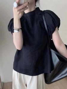 YUFUQING | French Style Bubble Sleeve Linen Stand Collar Shirt Women Summer New High End Feeling Short Sleeve Top Elegant Small Shirt