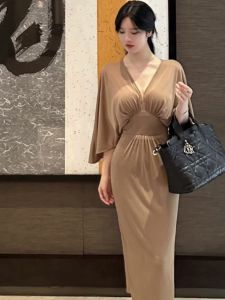 plus Size Elegant French Style Long Dress Slimming Bodycon Skirt Wrap around mid Sleeve V Neck H Type Polyester Blend Dress