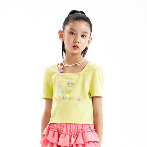 LovEasAKids Girls Short Sleeve T-Shirt Colorful Hand Embroidered Butterfly Knot Square Collar U-Neck Short Length Summer Top