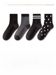 JINGCHI | Trendy Stripe Cotton Socks For Women Winter Warm Breathable Anti-Odor Sweat-Absorbent Mid-Calf Casual All-Match Sport Short Socks