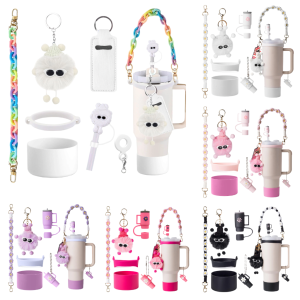 6pcs Cup Accessories Set for Floral Themed Thermal Bottle Handle Strap/Silicone Cup Boots/Spill Proof Stopper/Hairball Charm Kit