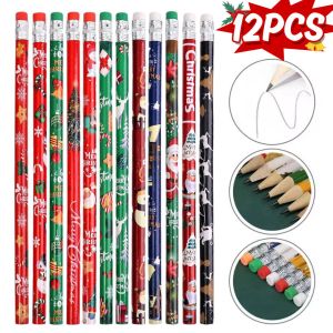 12Pcs Christmas Pencils Student Stationery Writing Drawing Sketch Pen Set Wooden Pencil with Rubber Christmas Gift