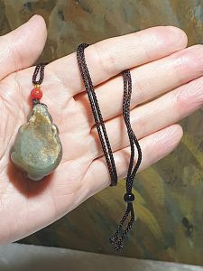 Hetian Pebble Nephrite with raw "Jade Skin" hand carved Dragon-Tortoise pendant (with certificate) 和田玉籽玉带皮带毛孔全手工雕刻龙龟吊坠(带证书)