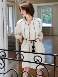 MIUCO | Đầm Midi Tay Chuông Cổ V Sọc Cao Waist