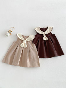 New Summer Girls Sleeveless Dress 9M-4T Cute Vintage Style Kids Princess Dress Color Blocking Lapel Baby Clothes