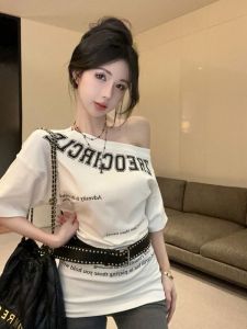 GUZILIAN | American Style Shoulder Baring Short Sleeve T Shirt Women Design Sensation Summer Spicy Girl Midi One Shoulder Top With Belt