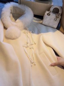 New Chinese Style Womens Woolen Coat with Buttoned Waistcoat Design Long Sleeve round Collar Mid-Length Winter Outerwear