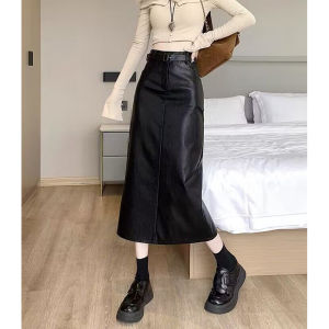 Váy Midi Chữ a Màu Đen Cạp Cao Cho Nữ Mùa Thu Đông Mới Về Váy Midi Dài Hở Lưng Bằng Da PU Váy Chữ a Thời Trang