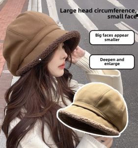 Autumn and Winter Hat Female Bucket Hat Fleece-lined Japanese Style Cold Protection Earflaps Internet Celebrity Bucket Hat Casual Lamb Wool Octagonal Beret