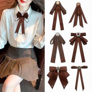 K-style Brown Artsy Bow Tie Female Pure Color Ribbon Bowknot Neckline Decoration Preppy Style Graduation Photo Brown Bow Tie