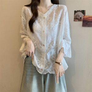 AIYITI | French Lace Hollow Embroidery V-neck Long Sleeve Shirt Early Autumn 2025 New Plus Size Womens Sun Protection Top