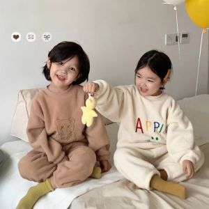2-8 Year Old Childrens Korean Version Autumn Winter New with Thick Velvet Solid Color Cartoon Printed Warm Pajama Set