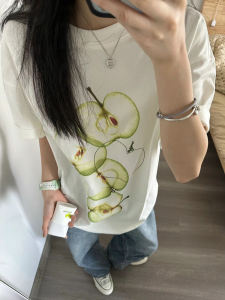 American Retro White Short Sleeve T-Shirt Womens Summer Fun Apple Print Oversize Heavy Weight 100% Cotton Coat Ins