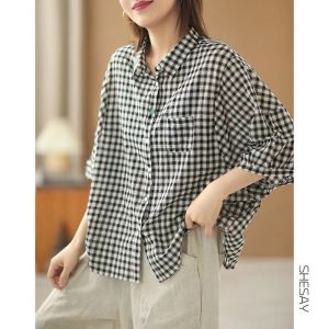 Summer Thin Cotton Linen Plaid Shirt Womens Artistic Retro Casual Design Loose Slimming Mid-Sleeve Top Fashionable Casual Style