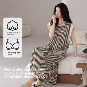 Áo ngủ MiiOW cho nữ vải cotton 100% thấm hút thoáng khí có đệm ngực dài tay cổ tròn