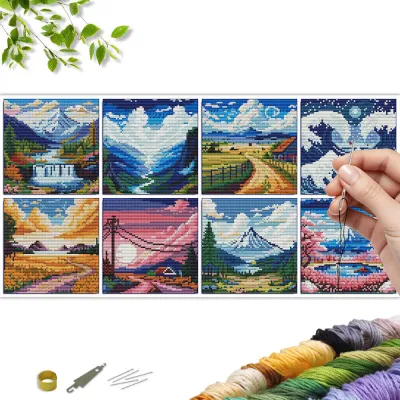 Evershine | EverShine 8 Cái Bộ Dụng Cụ Thêu Chữ Thập MINI DIY Thêu Phong Cảnh Với Thiết Kế Cây Núi 11CT Vải In Để Trang Trí Máy Tính Để Bàn Quà Tặng May Vá Cho Người Mới Bắt Đầu
