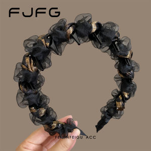 Fashionable High-End Black Gold Mesh Hairband Womens Fluffy High Hairline Hat Hairband Outdoors Anti-Slip Hairband