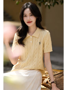 Nanas Exclusive Simple Retro College Style Silk Cotton Short Sleeve Knitted Top Womens Fashion Spring OL Style Polo Neck