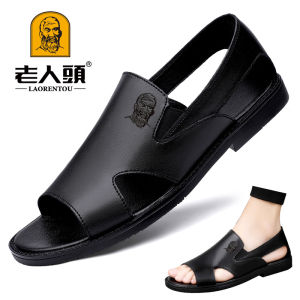 รองเท้าแตะหนังแท้หัวผู้สูงอายุรองเท้าแตะหนังโรมันฉลุลายระบายอากาศได้ดีสำหรับผู้ชายรองเท้าแฟชั่นรองเท้าแตะลำลองหนังวัวแท้ใส่ช่วงฤดูร้อนสำหรับผู้ชาย