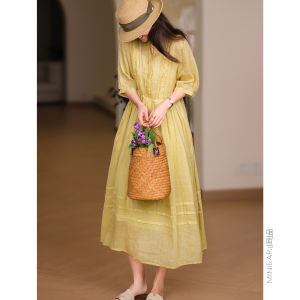 XIAOER | Literary Style Hemp Ramie Multiple Layer Wooden Lace-up Waistband Elbow Sleeve Dress