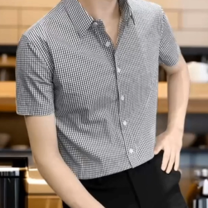 Fashion Business Formal Slim fit Lapel Top Polyester cotton Plaid Short sleeves Shirts M-3XL