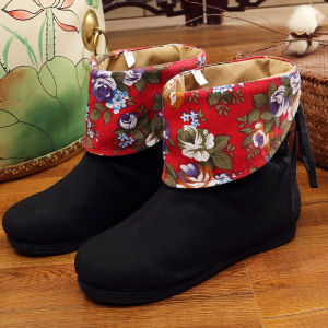 Old Beijing Embroidered Flat Heel Womens Boots Floral Shoes Thousand Layer Bottom Traditional Chinese Style Fashion Boots