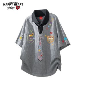 CHARLES JANGS HAPPY HEART | Heart Pattern Faux Two Piece Collared Polo Shirt Loose