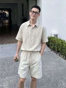 OUMULONG | Bộ Áo Polo Vải Linen Thoáng Khí và Quần Short
